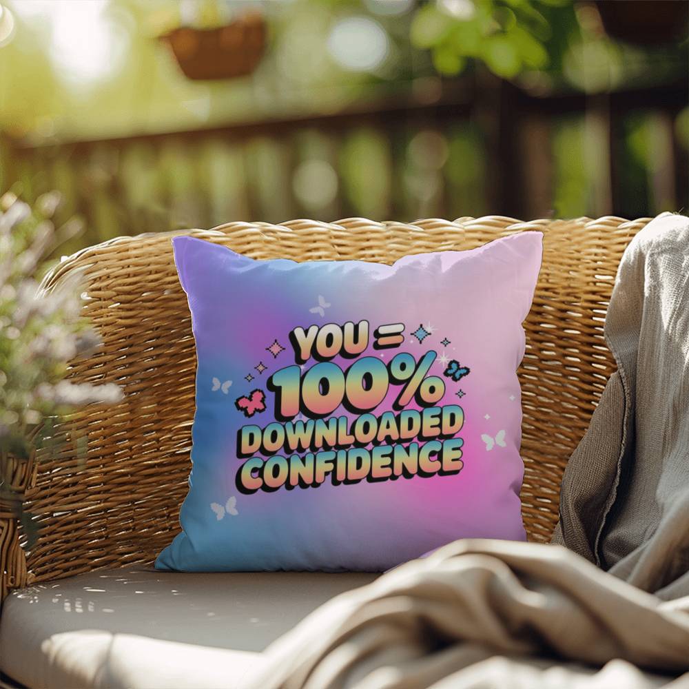 "100% Downloaded Confidence" statement pillow with customizable Y2K design and sparkly digital visuals in a soothing palette