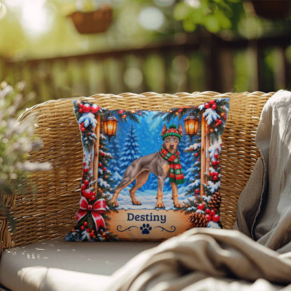 Doberman (Blue Fawn Isabella Coat) - Personalized Dog Name Pillow, Snowy Cabin Decor