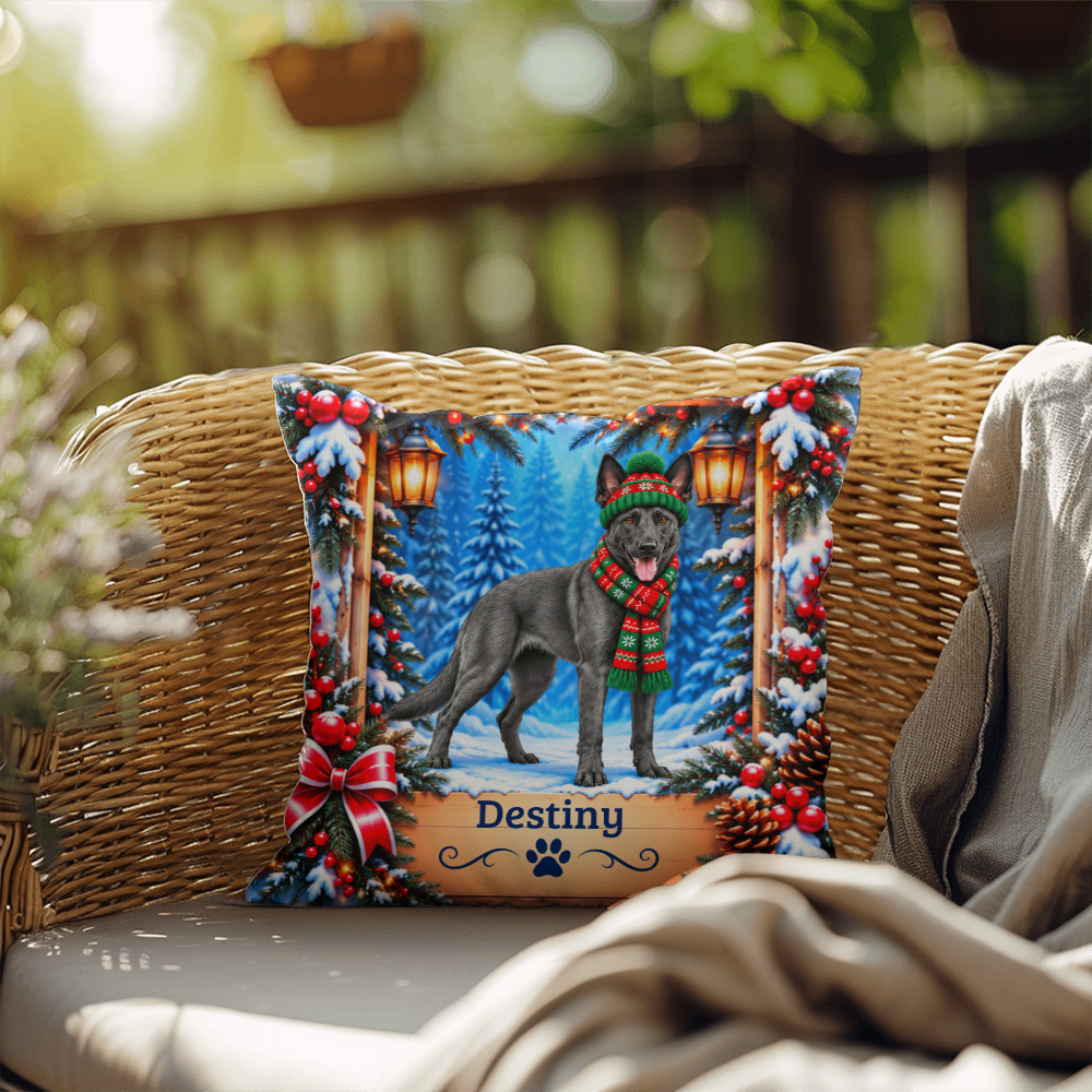 Belgian Malinois (Blue Slate Coat) - Personalized Winter Forest Pillow, Custom Dog Name Gift