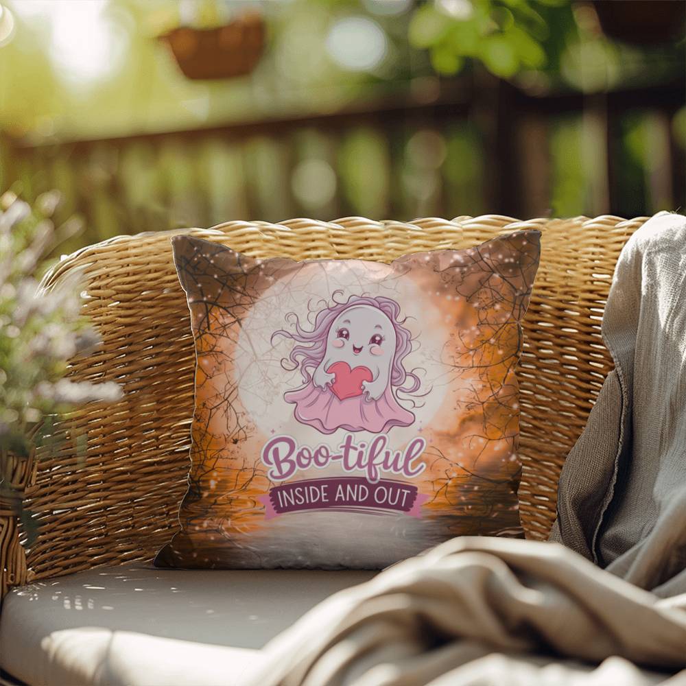 Halloween indoor/outdoor pillow with a cute ghost and “Boo-tiful” for mental health and seasonal charm
