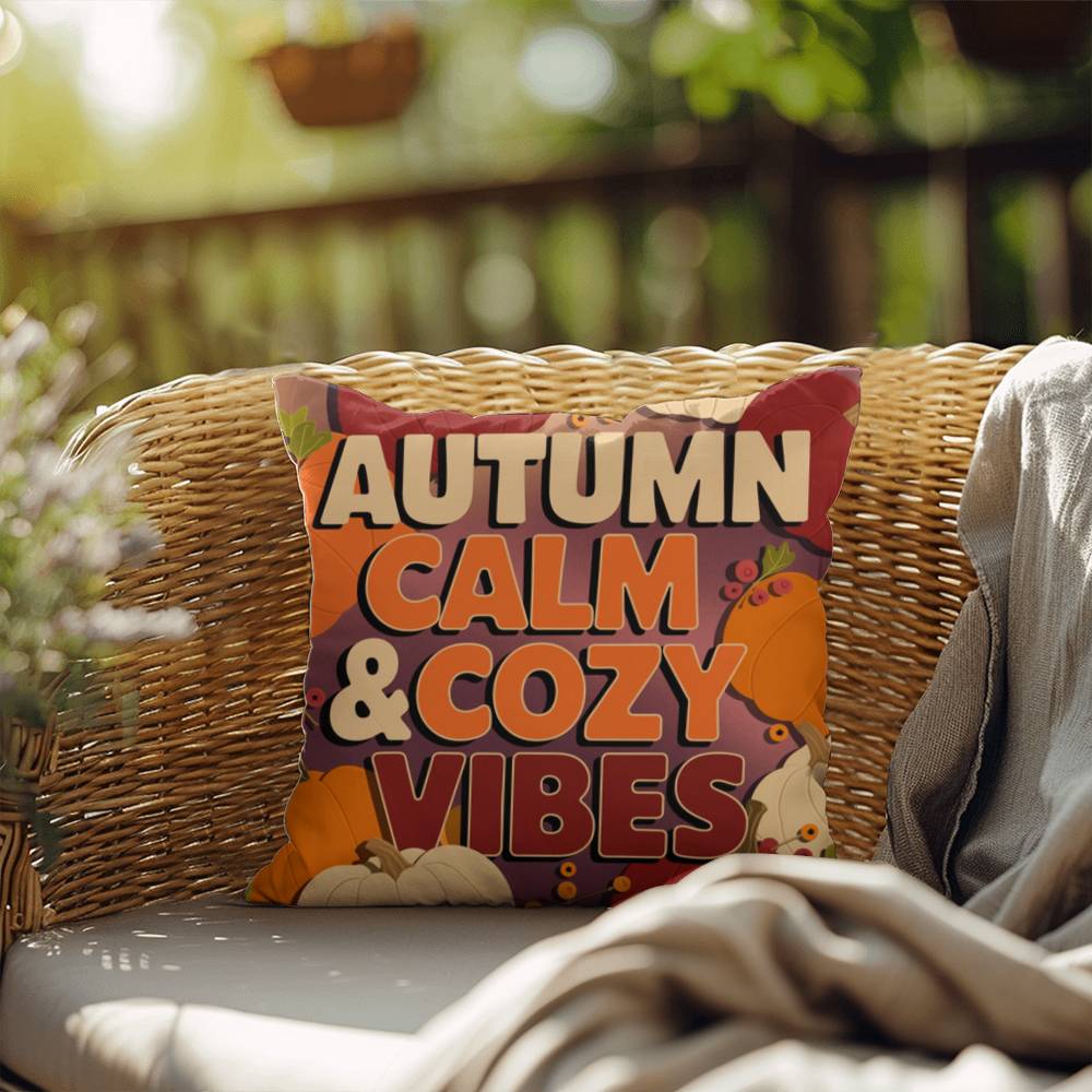 Autumn Calm & Cozy Vibes throw pillow in bright fall colors with mindful quote for Thanksgiving home décor