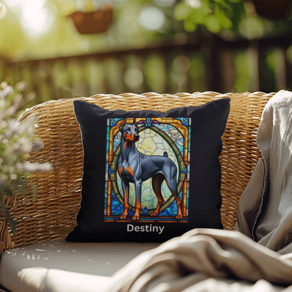 Doberman Pinscher (Blue & Rust) Indoor/Outdoor Pillow - Personalized Stained Glass Dog Tribute & Comfort Gift