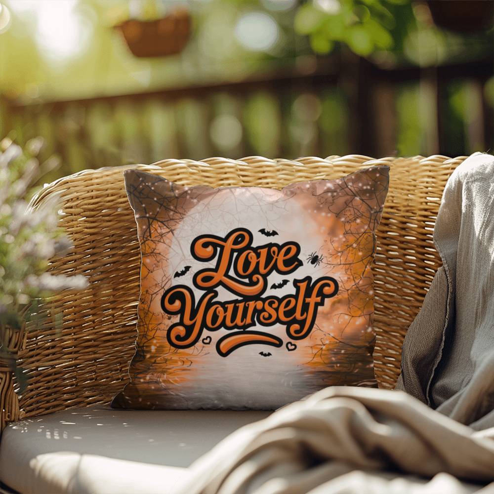 Halloween indoor/outdoor pillow with “Love Yourself” for mental health and self-love décor