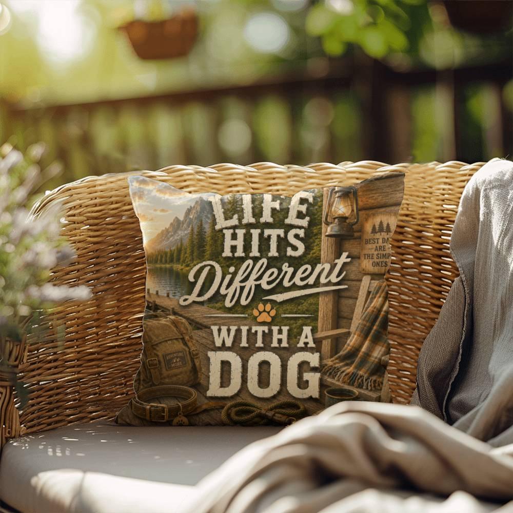 Shop our life hits different with a dog throw pillow featuring the 20" x 20" style option from MySisterIsASurvivor.