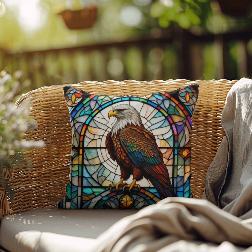 Eagle stained glass throw pillow, birds of prey wildlife decor, indoor outdoor home accent