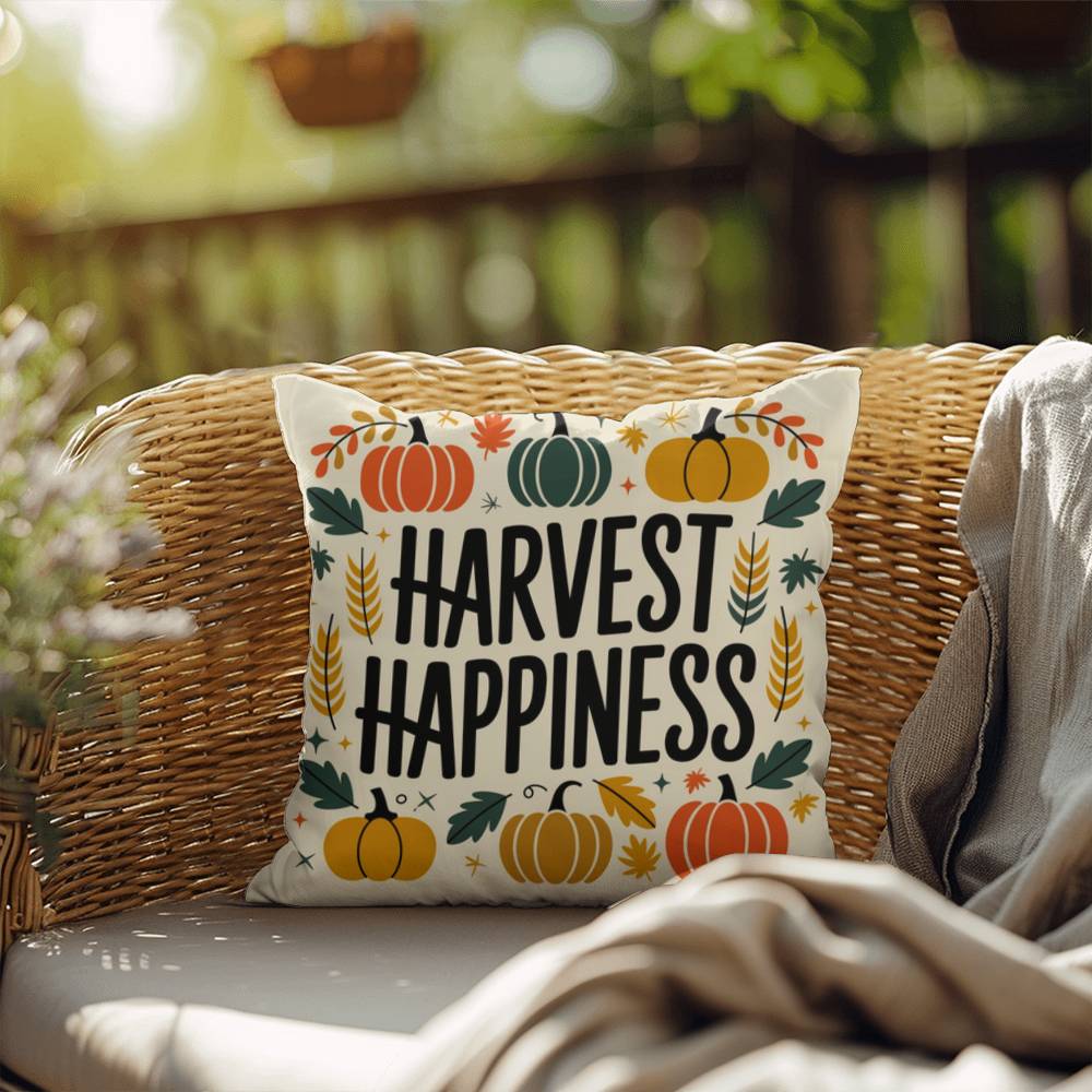 Harvest Happiness throw pillow with fall mindfulness quote, cozy colors and seasonal home décor