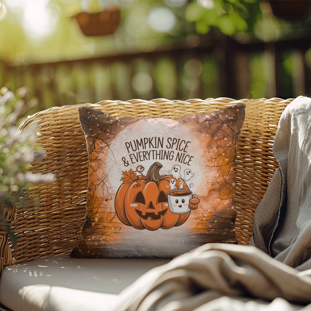 Halloween indoor/outdoor throw pillow with pumpkin spice theme for cozy fall décor