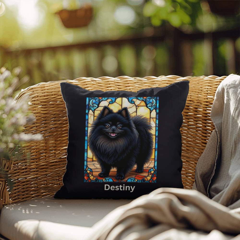 Pomeranian (Black) Indoor/Outdoor Pillow - Personalized Stained Glass Dog Tribute & Comfort Gift