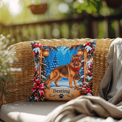 German Shepherd (Liver & Tan Coat) - Personalized Dog Name Pillow, Cozy Woodland Winter Decor