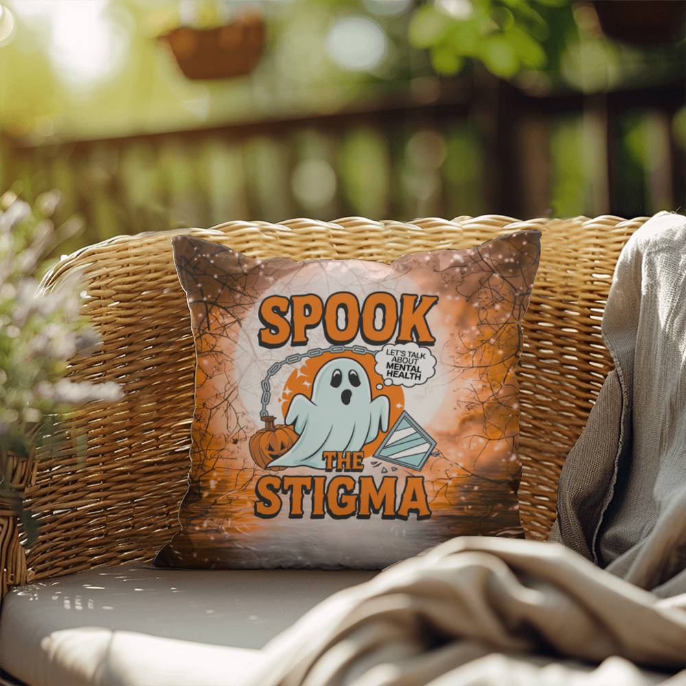 Ghost-themed indoor/outdoor Halloween pillow with “Spook The Stigma” for mental health awareness