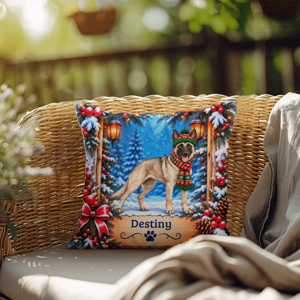 Belgian Malinois (Cream Sable Coat) - Personalized Winter Woodland Pillow, Custom Dog Name Gift