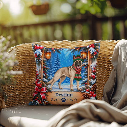 Belgian Malinois (Cream Sable Coat) - Personalized Winter Woodland Pillow, Custom Dog Name Gift