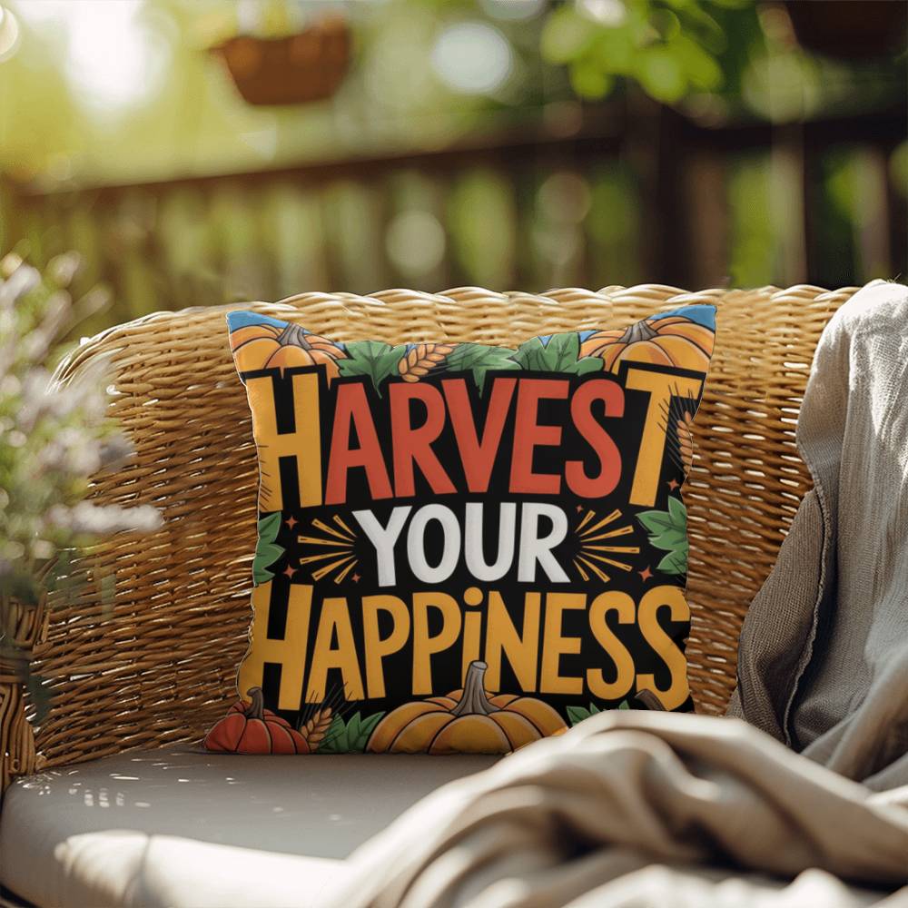Harvest Your Happiness pillow in autumn hues with mindful Thanksgiving quote and cozy seasonal décor
