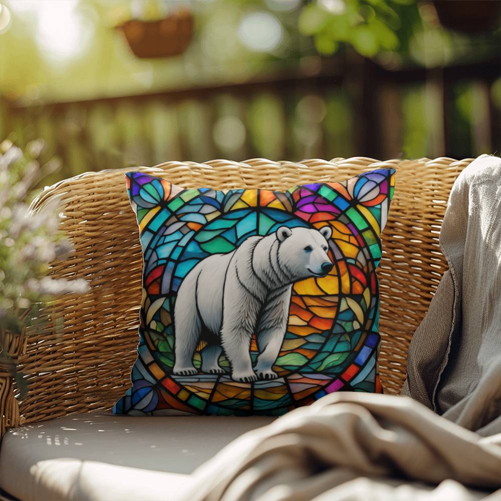 Polar Bear stained glass throw pillow, Arctic wildlife decor, indoor outdoor home accent
