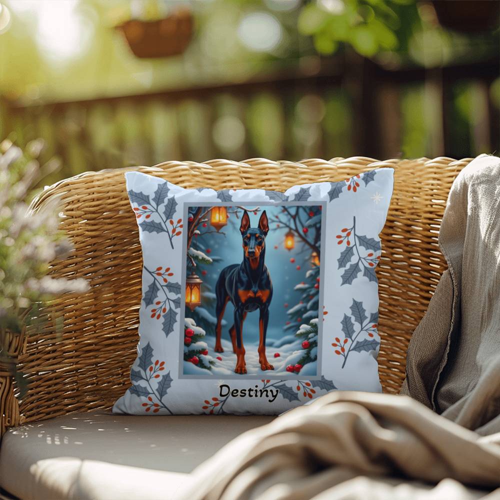 Doberman Blue & Rust Pillow - Festive winter throw pillow, personalized guardian dog home accent, cozy decor