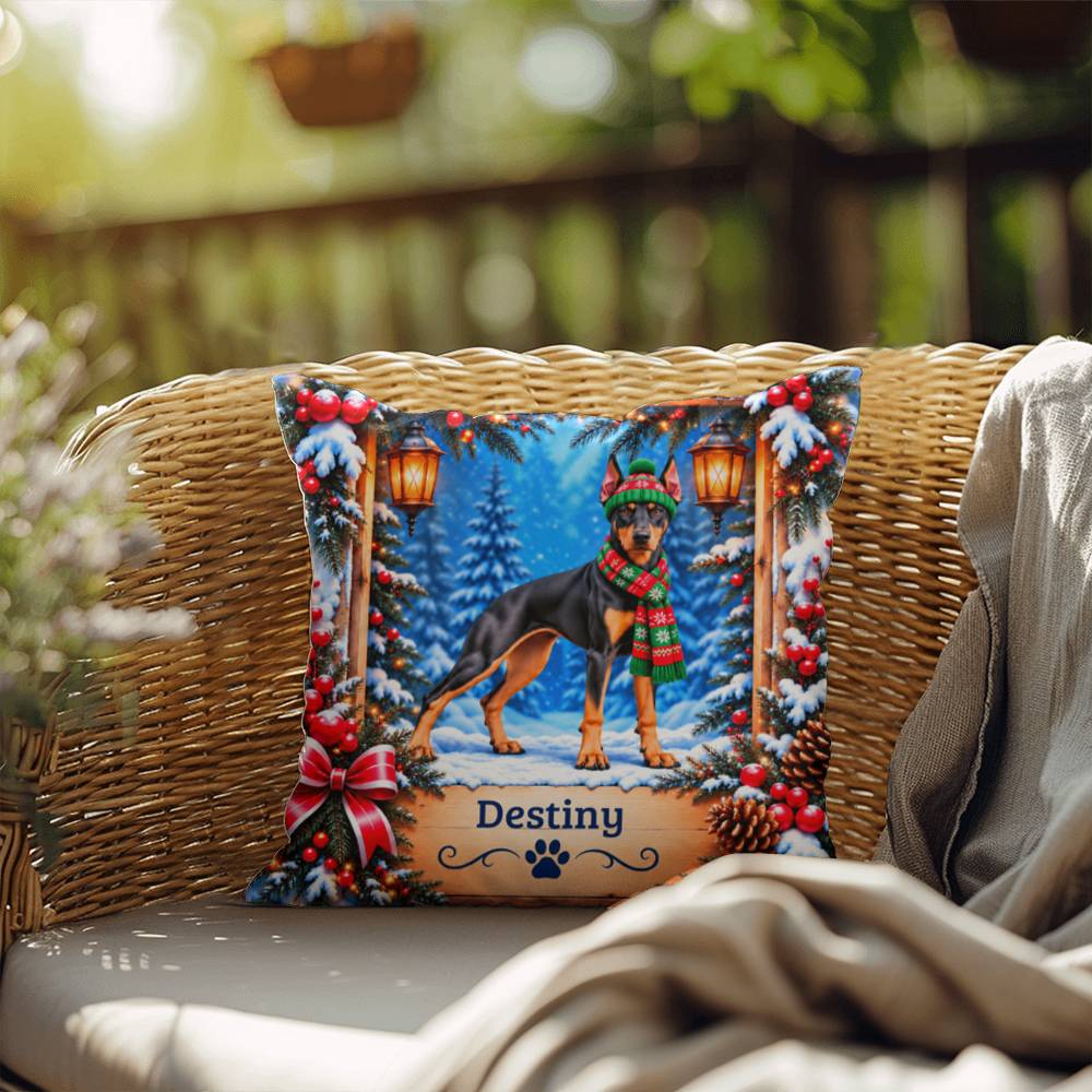 Doberman (Black & Rust Coat) - Personalized Lodge Pillow, Custom Dog Name Winter Decor