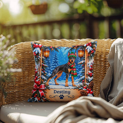 Doberman (Black & Rust Coat) - Personalized Lodge Pillow, Custom Dog Name Winter Decor