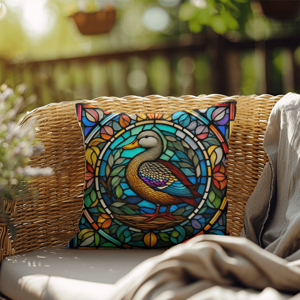 Duck stained glass throw pillow, indoor outdoor farm animal decor, home accent pillow