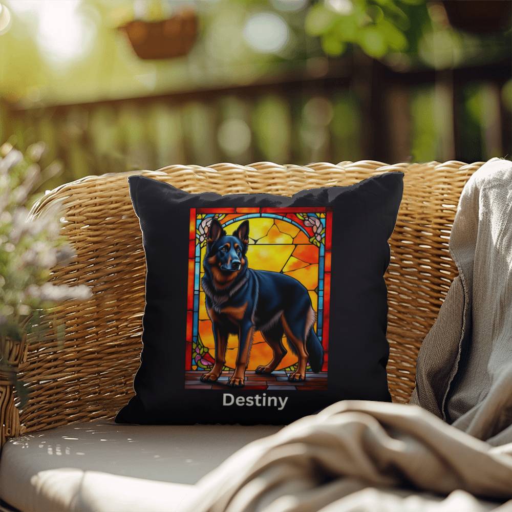 German Shepherd (Black and Red) Indoor/Outdoor Pillow - Personalized Stained Glass Dog Tribute & Comfort Gift