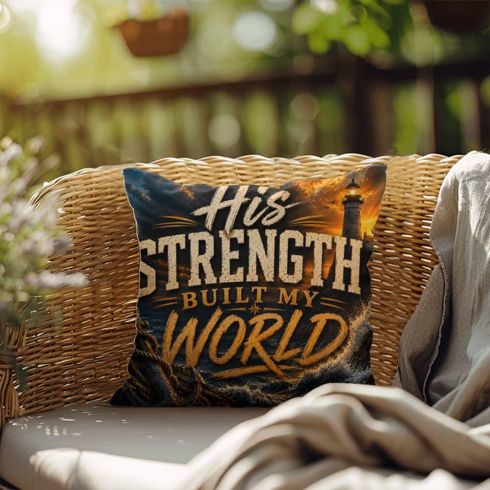 Shop our his strength built my world throw pillow featuring the 20" x 20" style option from MySisterIsASurvivor.
