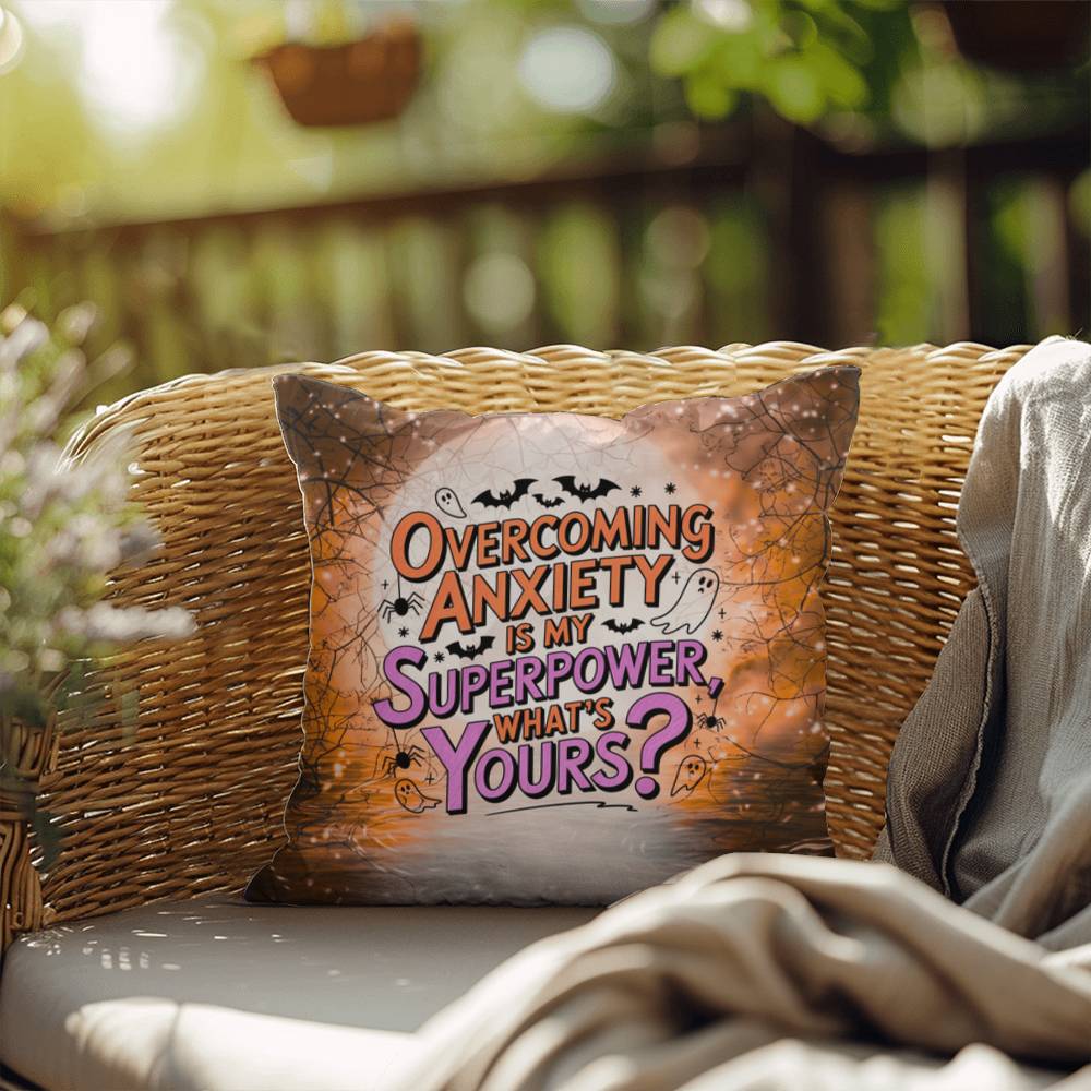 Indoor/outdoor pillow with “Overcoming Anxiety” to promote mental wellness