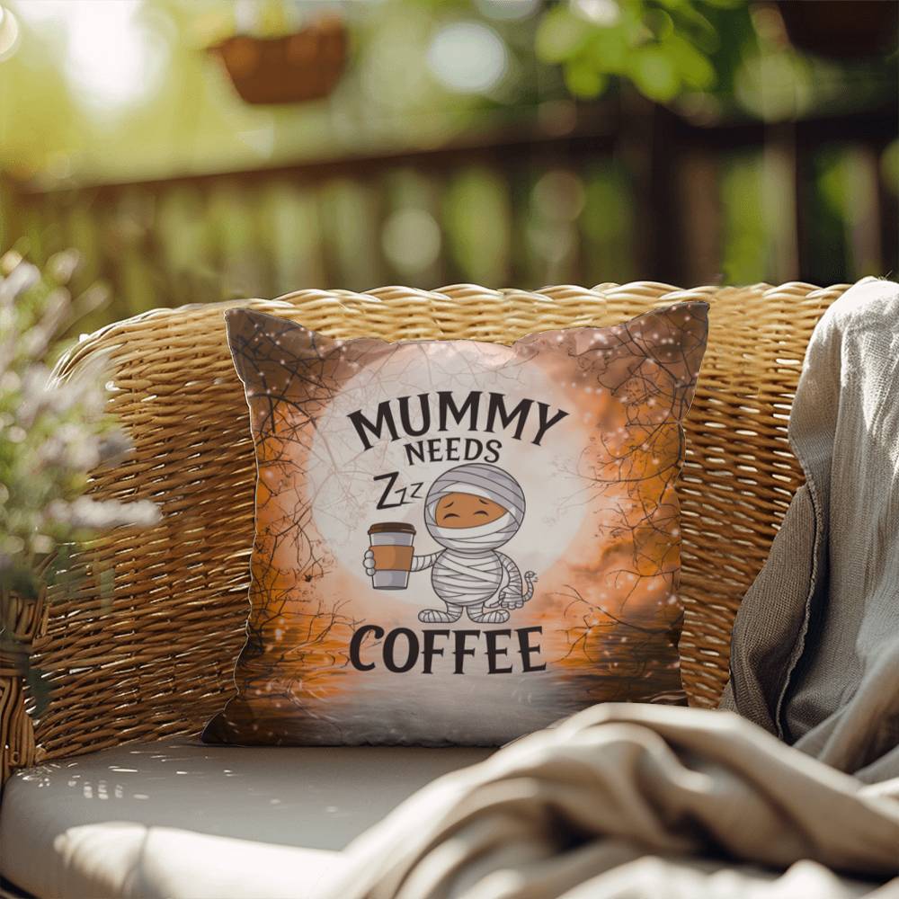 Halloween indoor/outdoor pillow with “Mummy Needs Coffee” for spooky humor and décor