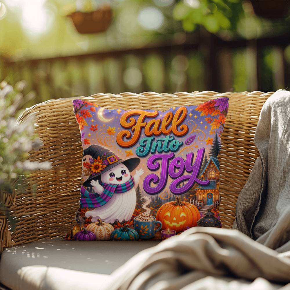 Fall Into Joy Halloween Throw Pillow - Cute Witch Ghost Pumpkin Spice Pillow