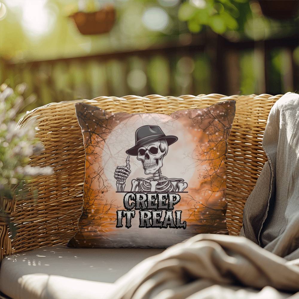 Funny Halloween indoor/outdoor pillow with “Creep It Real” for seasonal humor and décor