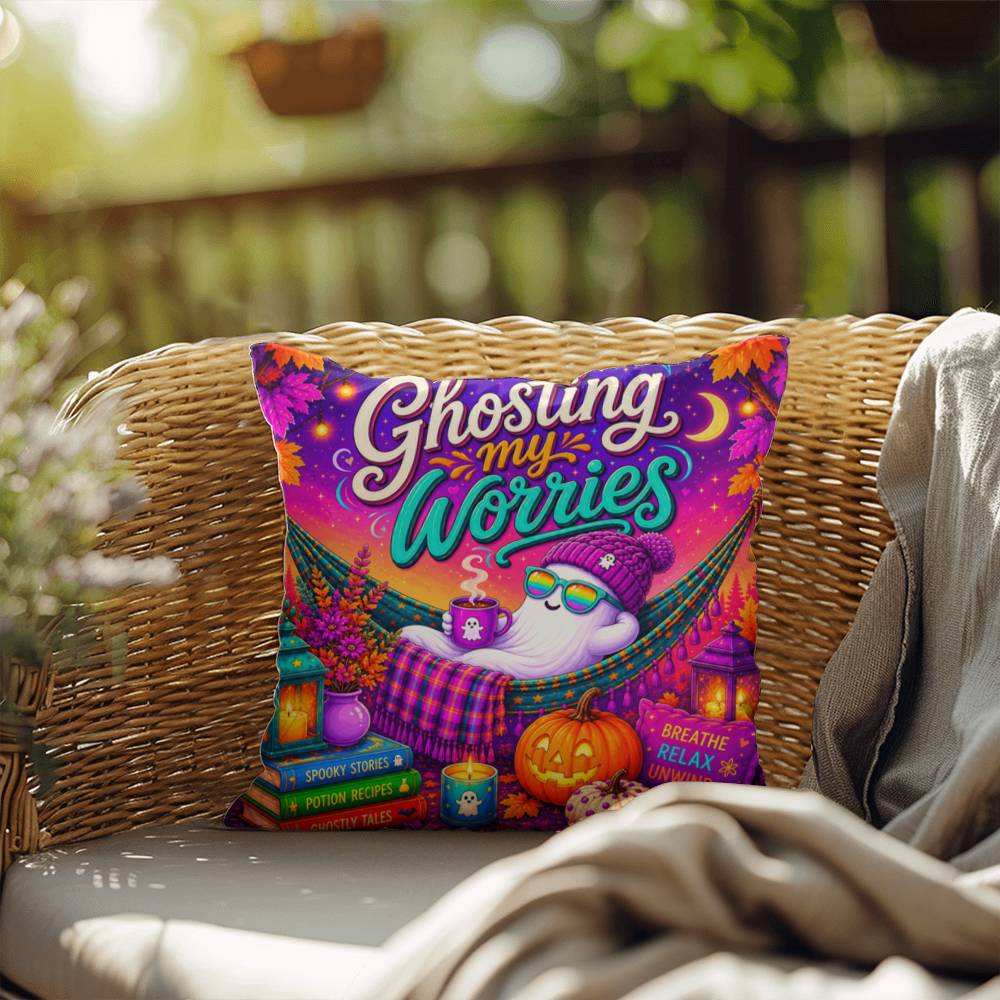 Ghosting My Worries Halloween Throw Pillow - Breathe Relax Unwind Ghost Pillow