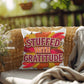 Stuffed With Gratitude throw pillow featuring Thanksgiving quote and warm fall seasonal décor accent