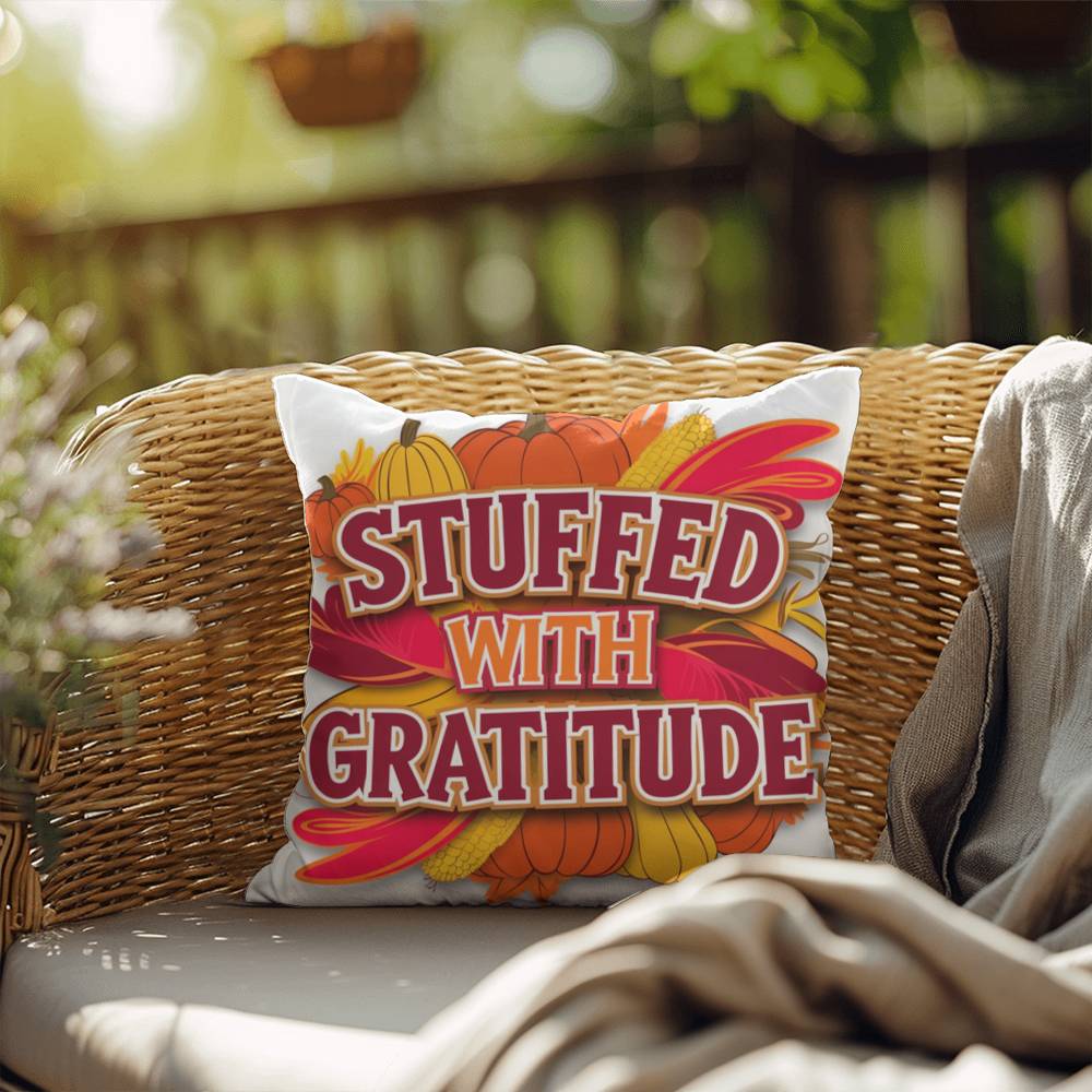 Stuffed With Gratitude throw pillow featuring Thanksgiving quote and warm fall seasonal décor accent