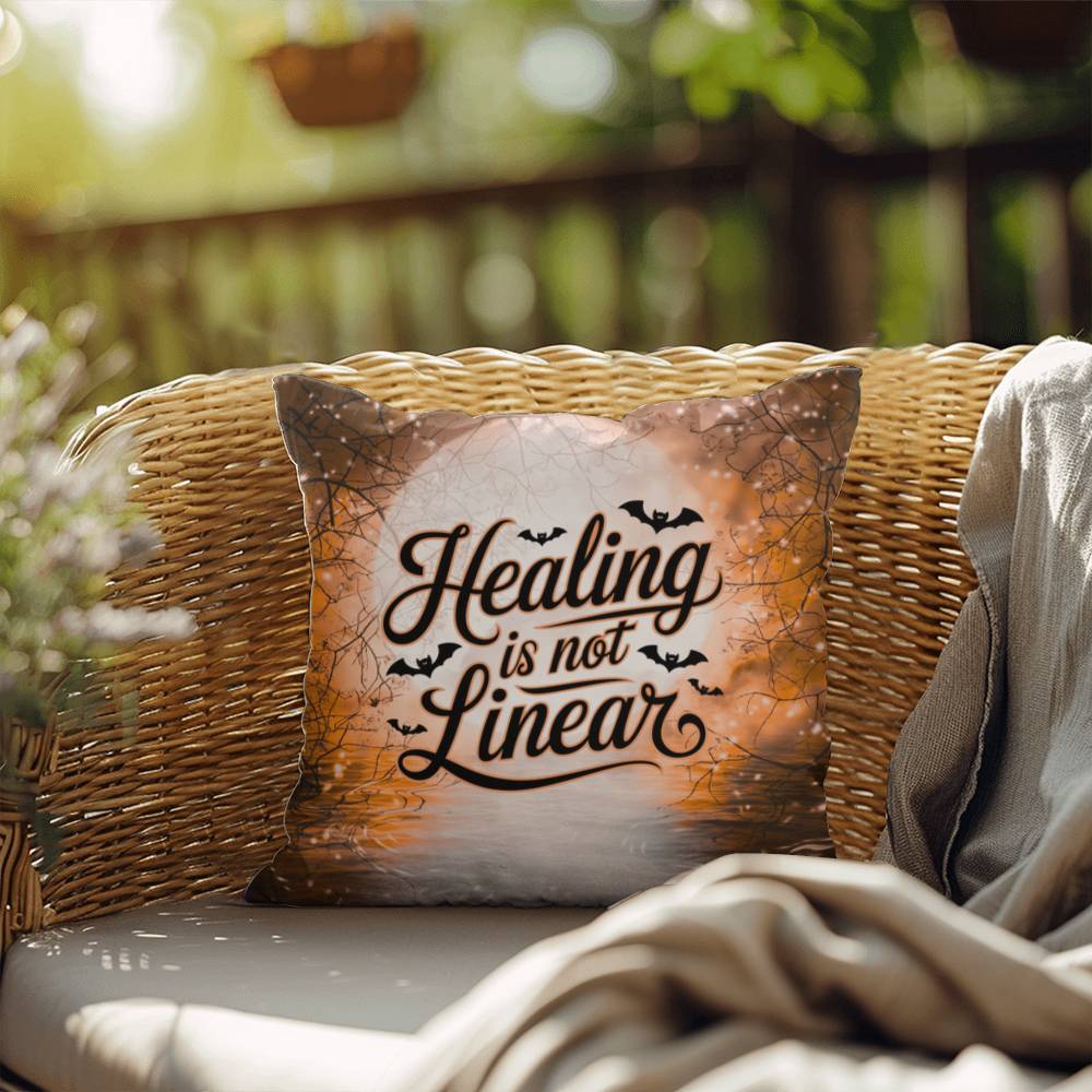 Mental health indoor/outdoor pillow with “Healing Is Not Linear” for self-care and positivity