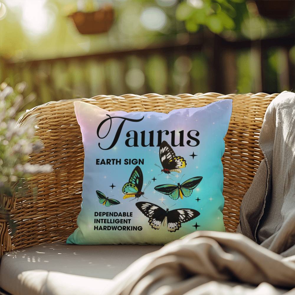 Taurus Butterfly Indoor/Outdoor Pillow – Zodiac Astrology Decor, Boho Accent for Home & Patio