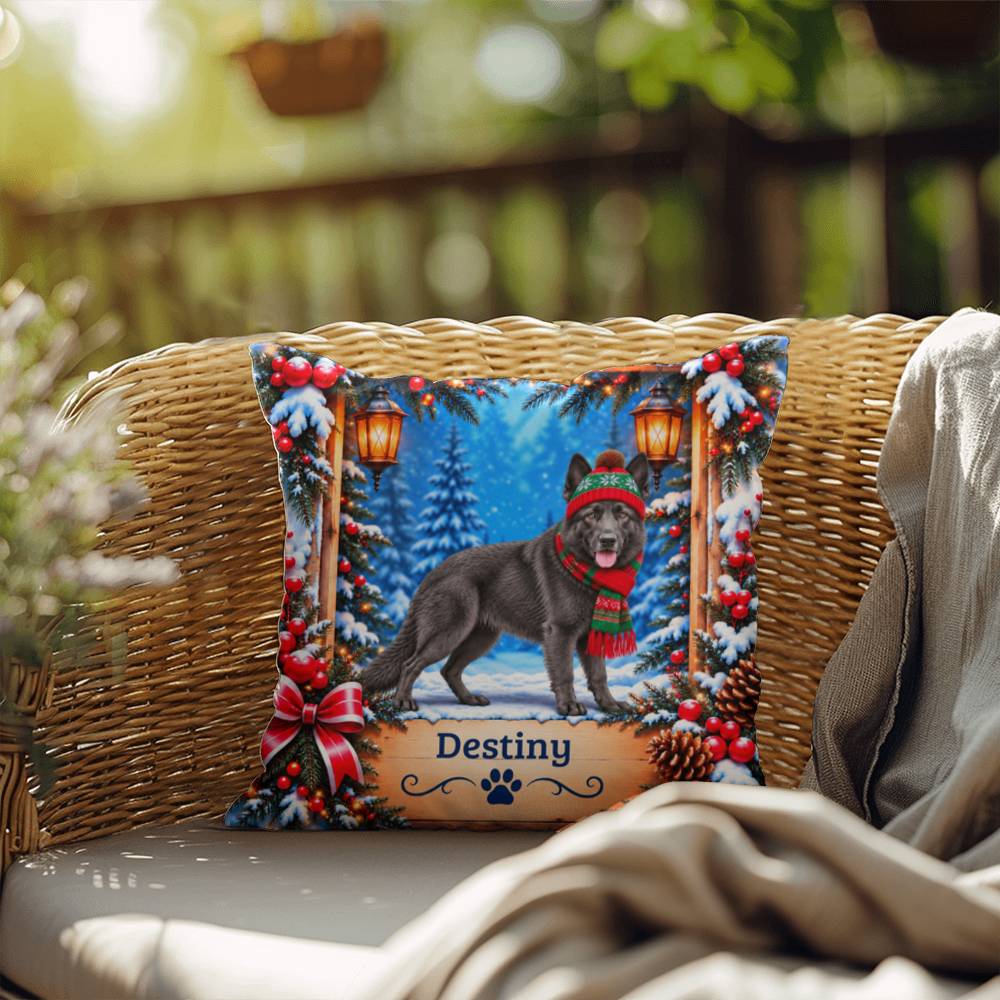 German Shepherd (Solid Blue Steel Coat) - Personalized Woodland Pillow, Custom Name Winter Gift