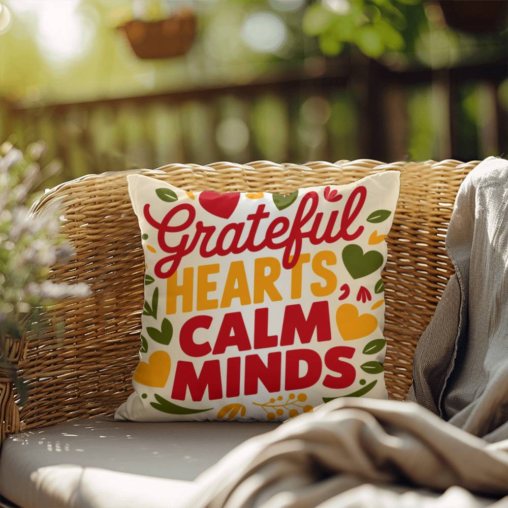 Grateful Hearts, Calm Minds pillow in bright fall tones with Thanksgiving gratitude and mindfulness quote