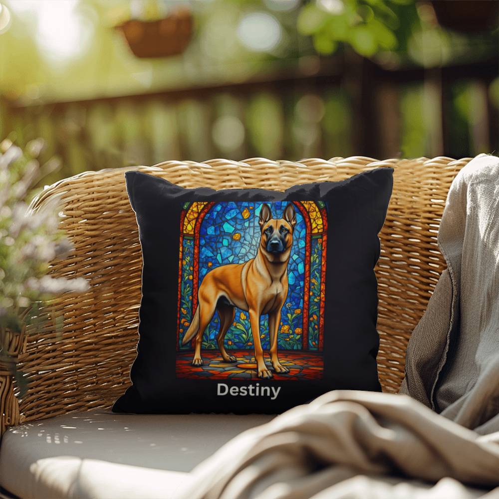 Belgian Malinois (Fawn) Indoor/Outdoor Pillow - Personalized Stained Glass Dog Tribute & Comfort Gift