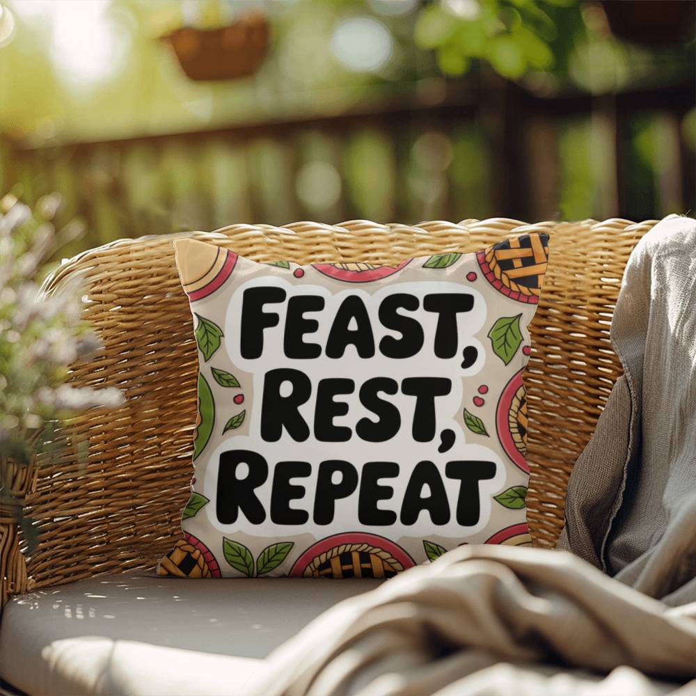 Feast, Rest, Repeat pillow featuring mindfulness message with cozy Thanksgiving and fall décor vibes