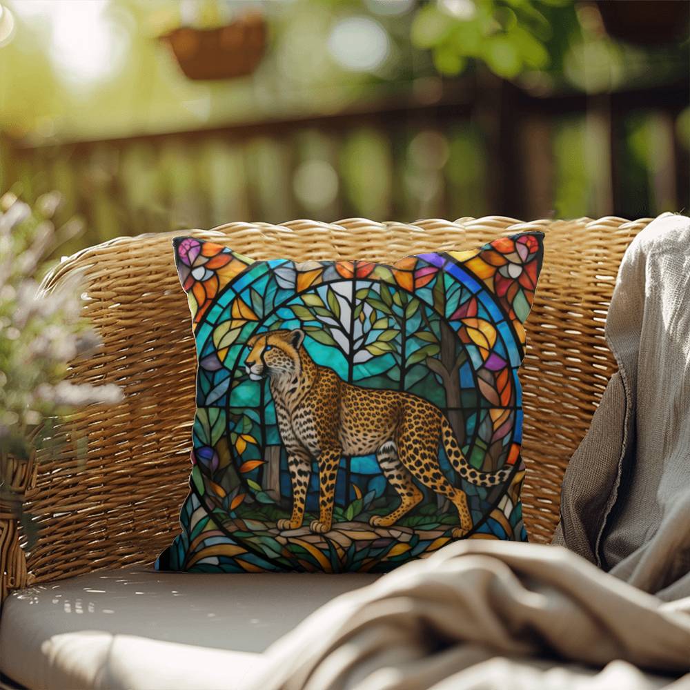 Cheetah stained glass throw pillow, indoor outdoor animal print decor, safari home accent cushion
