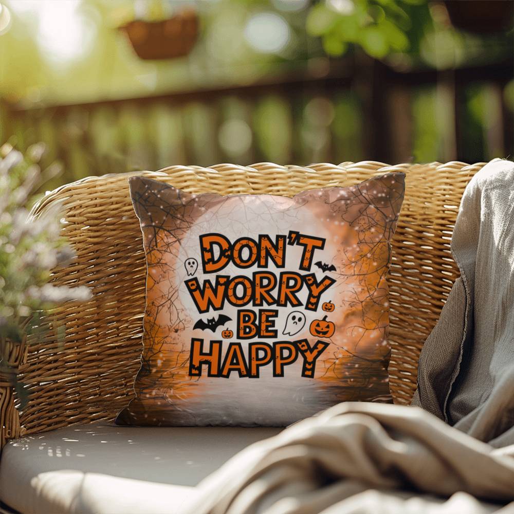 Skeleton-themed Halloween indoor/outdoor pillow with “Don’t Worry Be Happy” for mental health encouragement