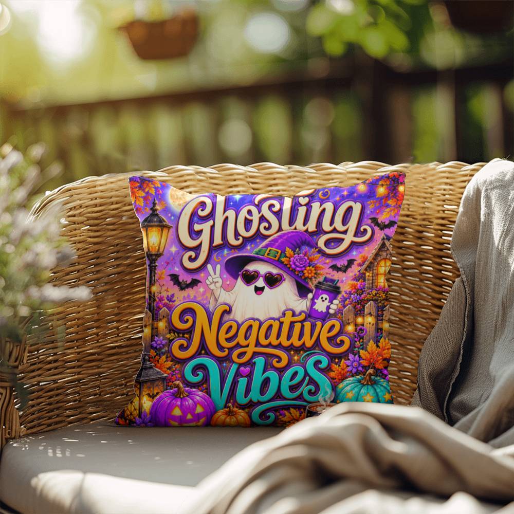 Ghosting Negative Vibes message with peace sign ghost artwork on a positive Halloween throw pillow