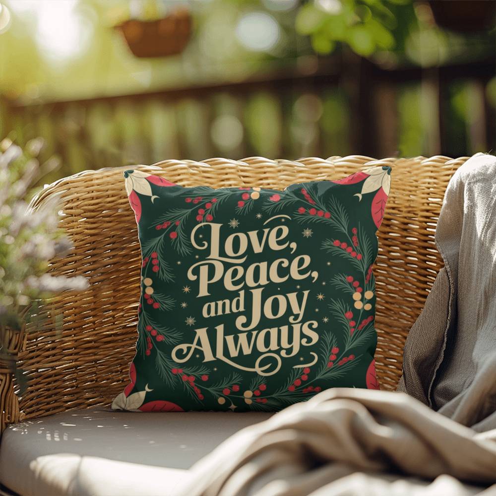 Love, Peace, and Joy Always Throw Pillow - Calm Christmas décor for mindfulness and comfort