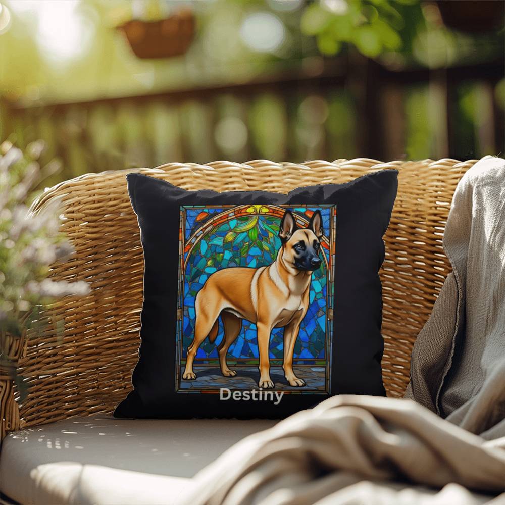 Belgian Malinois (Cream Sable) Indoor/Outdoor Pillow - Personalized Stained Glass Dog Tribute & Comfort Gift