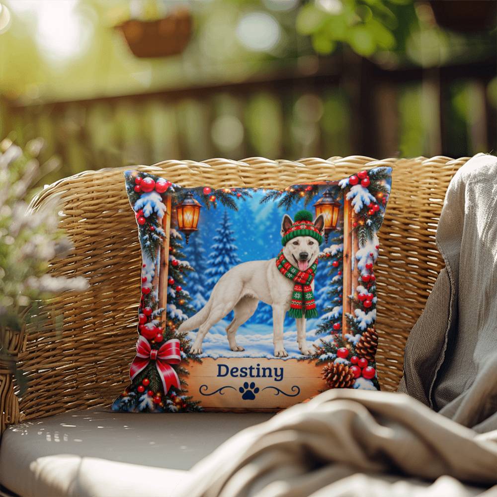 Belgian Malinois (White Coat) - Personalized Snowy Woodland Pillow, Custom Dog Name Winter Gift