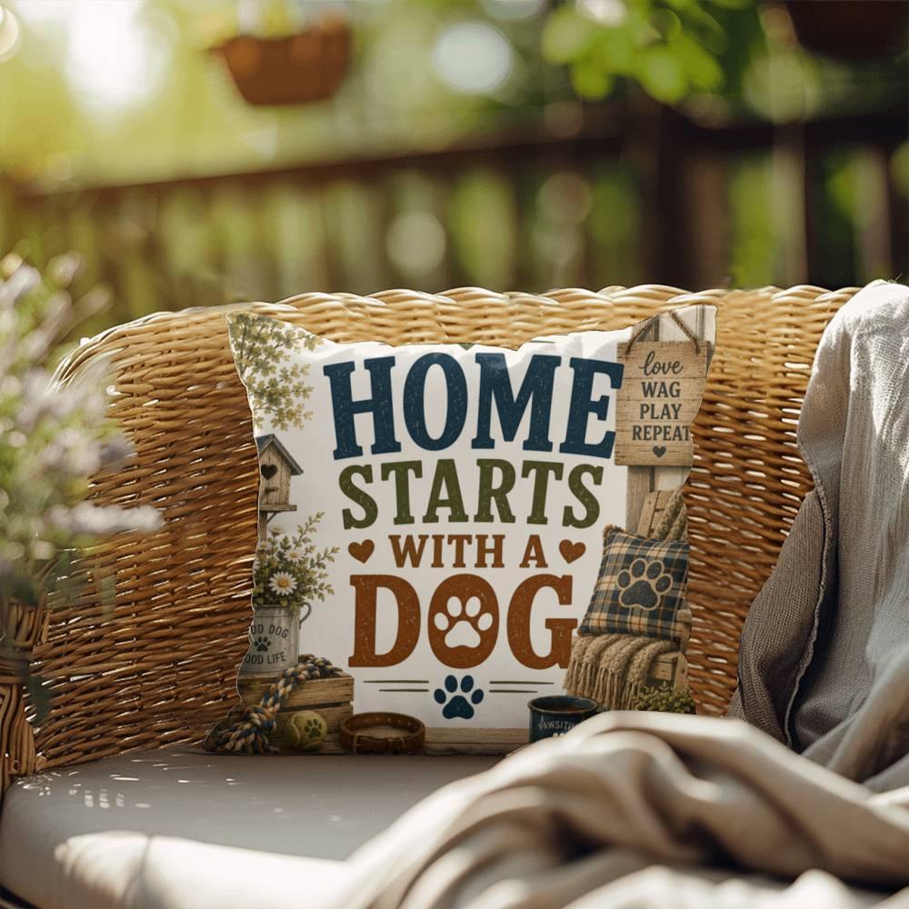Shop our home starts with a dog throw pillow featuring the 20" x 20" style option from MySisterIsASurvivor.
