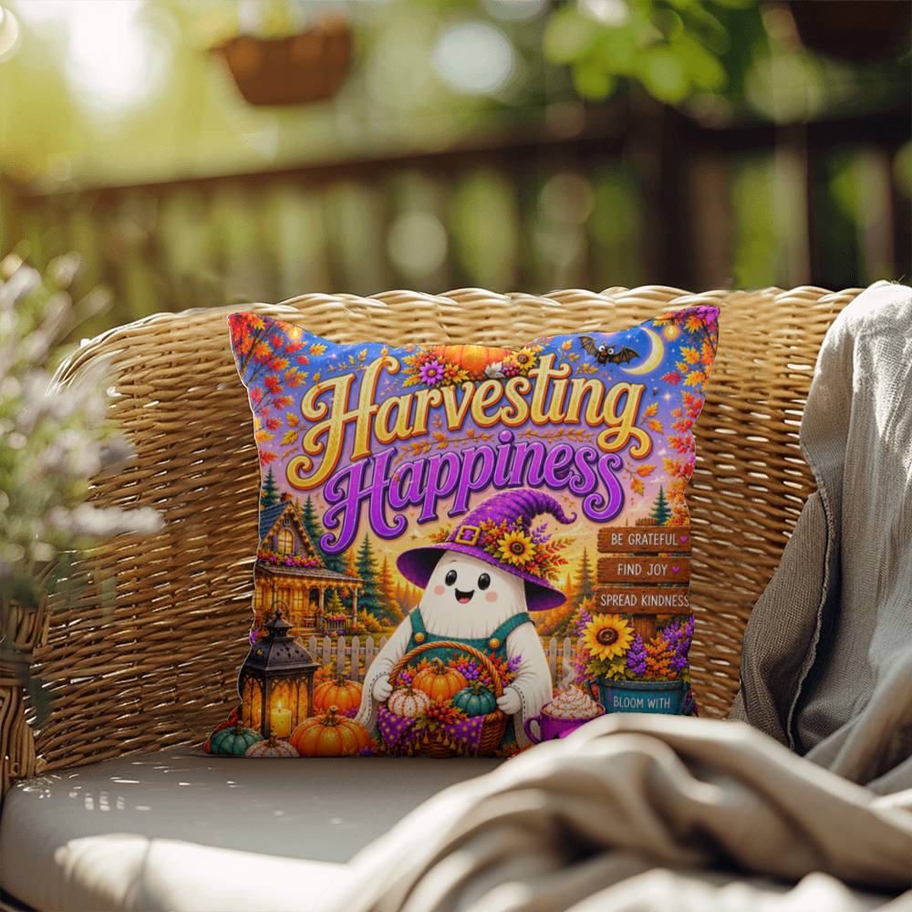 Harvesting Happiness quote with autumn harvest artwork on a Halloween throw pillow promoting gratitude