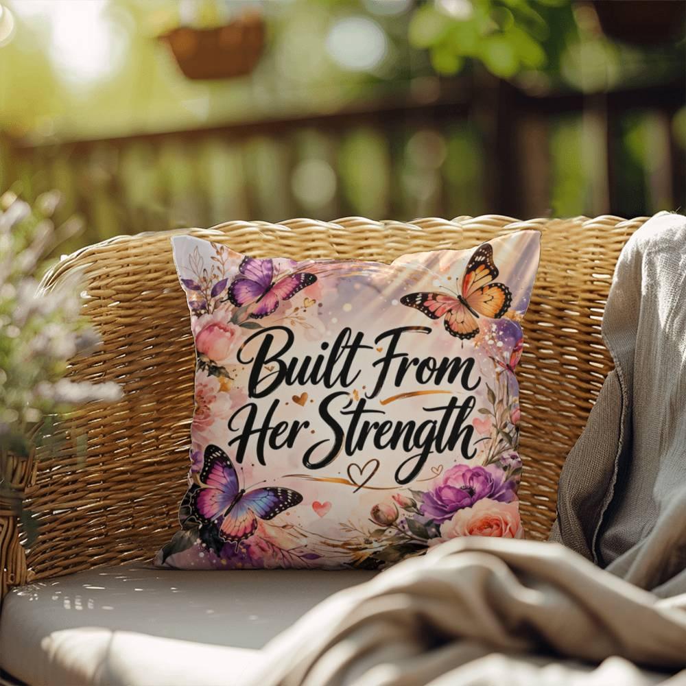 Shop our built from her strength throw pillow featuring the 20" x 20" style option from MySisterIsASurvivor.