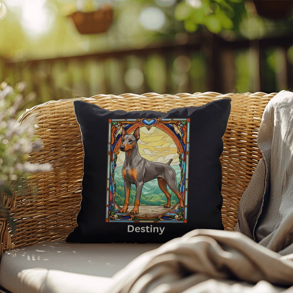 Doberman Pinscher (Fawn [Isabella] & Rust) Indoor/Outdoor Pillow - Personalized Stained Glass Dog Tribute & Comfort Gift