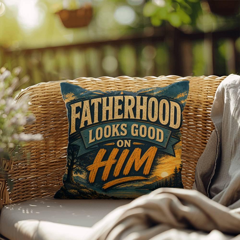 Shop our fatherhood looks good on him throw pillow featuring the 20" x 20" style option from MySisterIsASurvivor.