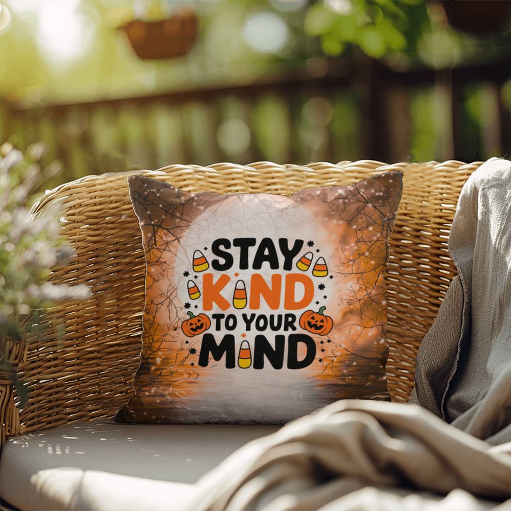 Indoor/outdoor throw pillow with “Stay Kind To Your Mind” promoting mental wellness