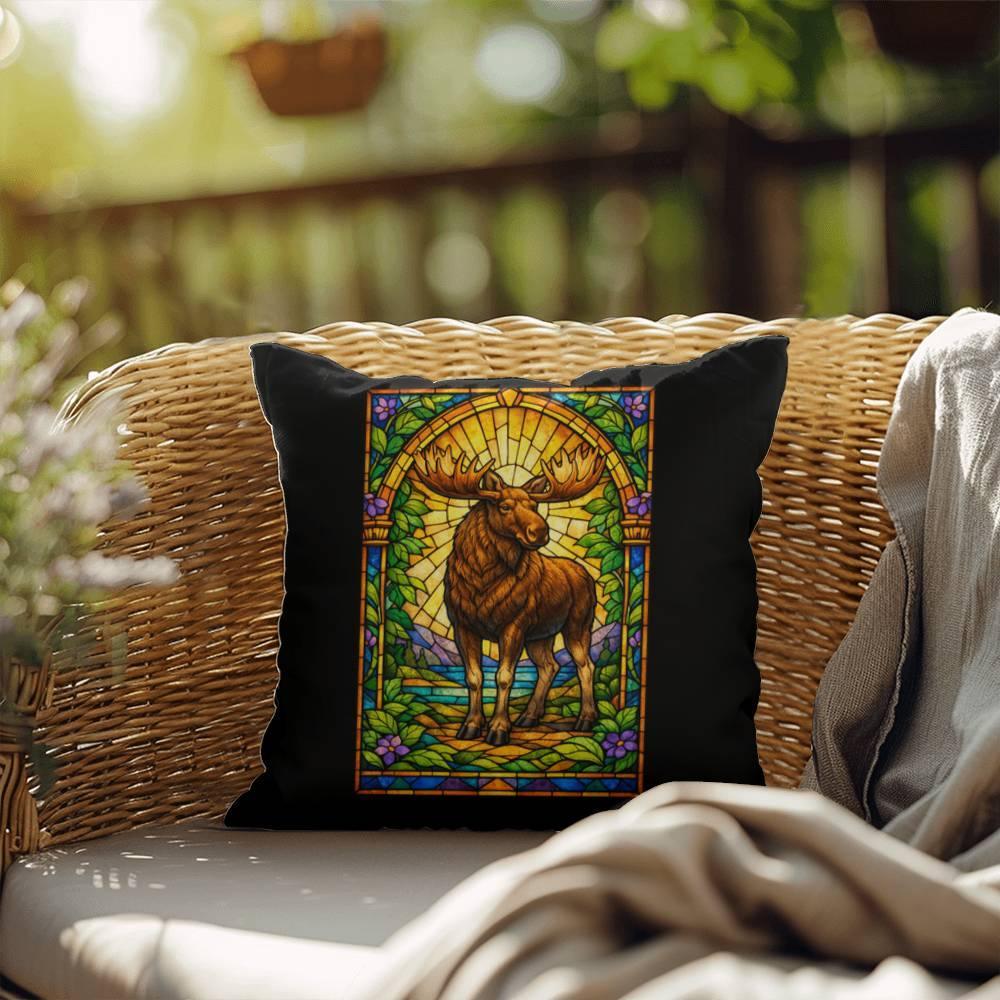 Shop our moose stained glass style throw pillow featuring the 20" x 20" style option from MySisterIsASurvivor.